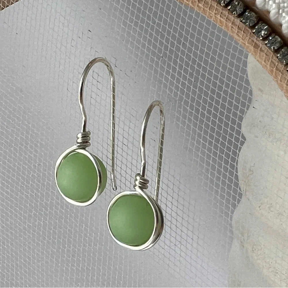 Green Sea Glass Minimalist Wire Wrapped Earrings